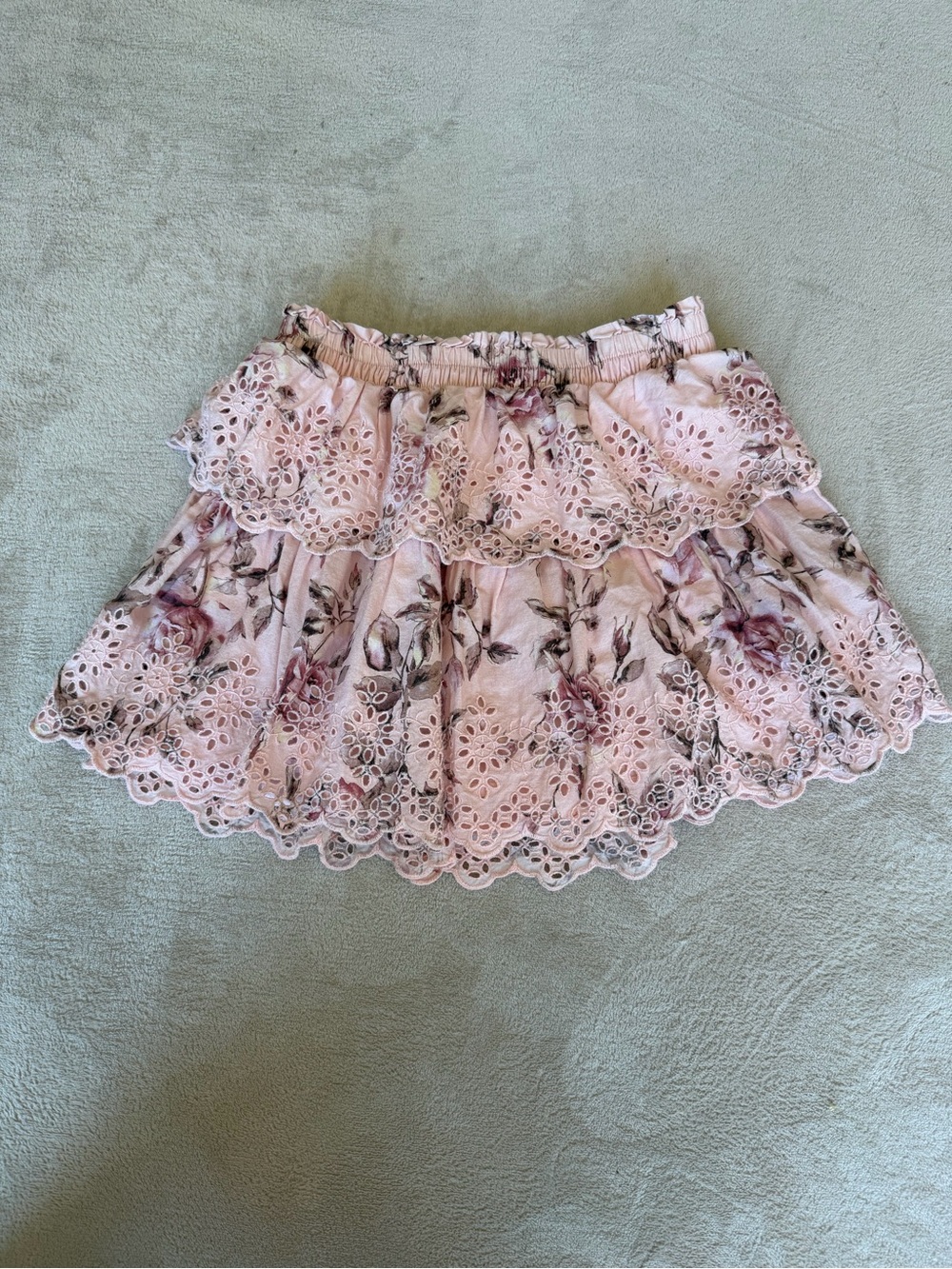 LoveShackFancy Pink Floral Eyelet Tiered Mini Skirt
